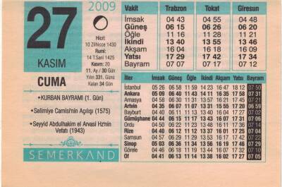 27 Kasım 2009 Takvim Yaprağı EFM(N)3851 - 1