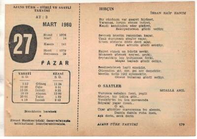 27 Mart 1960 Ajans Türk Takvim Yaprağı (Şiirli Saatli) EFM(N)1553 - 2