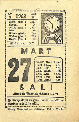 27 Mart 1962 Takvim Yaprağı - Doğum Günü Hediyesi EFM(N)11655 - 1