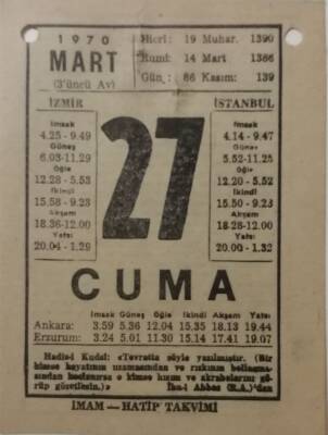 27 Mart 1970 Takvim Yaprağı - Doğum Günü Hediyesi EFM(N)7971 - 2