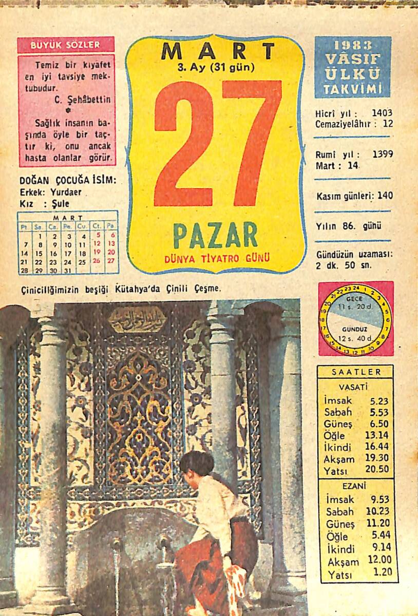 27 Mart 1983 Takvim Yaprağı - Doğum Günü Hediyesi EFMN15024 - 1