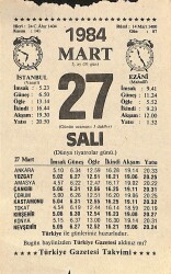 27 Mart 1984 Takvim Yaprağı - Doğum Günü Hediyesi EFM(N)11197 - Gökçekoleksiyon