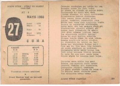 27 Mayıs 1960 Ajans Türk Takvim Yaprağı (Şiirli Saatli) EFM(N)1613 - 1