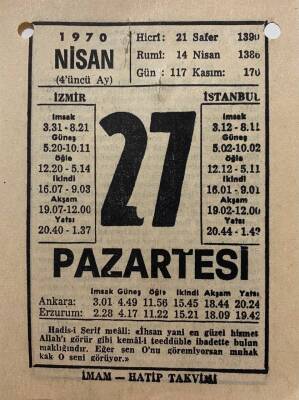27 Nisan 1970 Takvim Yaprağı - Doğum Günü Hediyesi EFM(N)8282 - 2