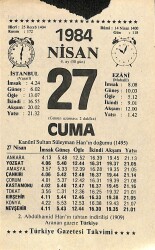 27 Nisan 1984 Takvim Yaprağı - Doğum Günü Hediyesi EFM(N)11208 - Gökçekoleksiyon