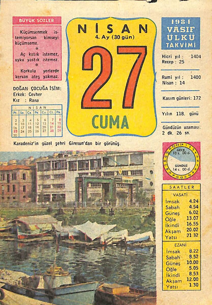 27 Nisan 1984 Takvim Yaprağı - Doğum Günü Hediyesi EFMN15176 - 1