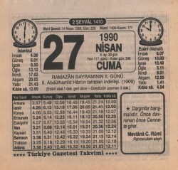 27 Nisan 1990 Takvim Yaprağı EFM(N)6180 - Gökçekoleksiyon