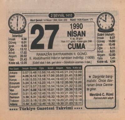 27 Nisan 1990 Takvim Yaprağı EFM(N)6180 - 1