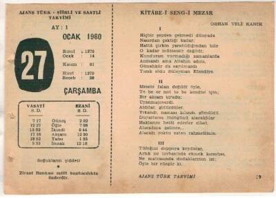 27 Ocak 1960 Ajans Türk Takvim Yaprağı(Şiirli Saatli) EFM(N)1479 - 2