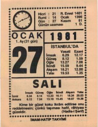 27 Ocak 1981 Takvim Yaprağı EFM(N)4673 - Gökçekoleksiyon