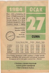 27 Ocak 1984 Takvim Yaprağı EFM(N)4766 - Gökçekoleksiyon