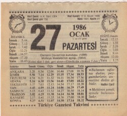 27 Ocak 1986 Takvim Yaprağı EFM(N)5045 - Gökçekoleksiyon
