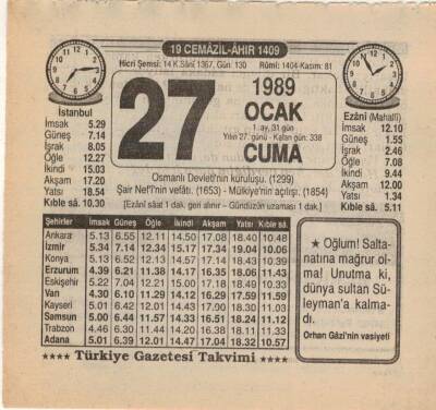 27 Ocak 1989 Takvim Yaprağı EFM(N)4735 - 1