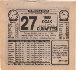 27 Ocak 1990 Takvim Yaprağı EFM(N)4704 - Gökçekoleksiyon