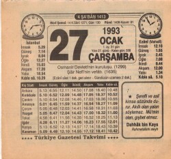 27 Ocak 1993 Takvim Yaprağı EFM(N)4859 - Gökçekoleksiyon