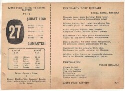 27 Şubat 1960 Ajans Türk Takvim Yaprağı (Şiirli Saatli) EFM(N)1525 - 2