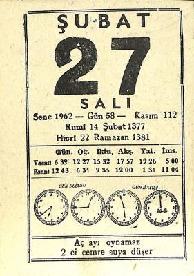 27 Şubat 1962 Takvim Yaprağı - Doğum Günü Hediyesi EFM(N)11657 - 1