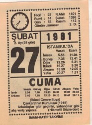27 Şubat 1981 Takvim Yaprağı EFM(N)5434 - Gökçekoleksiyon