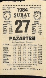27 Şubat 1984 Takvim Yaprağı - Doğum Günü Hediyesi EFM(N)11817 - Gökçekoleksiyon