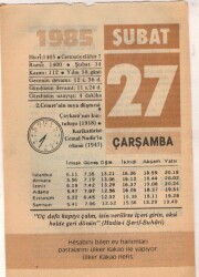 27 Şubat 1985 Takvim Yaprağı EFM(N)5153 - Gökçekoleksiyon