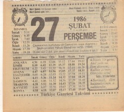 27 Şubat 1986 Takvim Yaprağı EFM(N)5238 - Gökçekoleksiyon