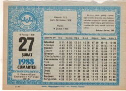 27 Şubat 1988 Takvim Yaprağı EFM(N)5517 - Gökçekoleksiyon