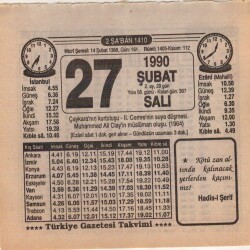27 Şubat 1990 Takvim Yaprağı EFM(N)5210 - Gökçekoleksiyon