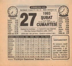 27 Şubat 1993 Takvim Yaprağı EFM(N)5322 - Gökçekoleksiyon