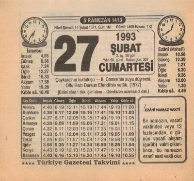 27 Şubat 1993 Takvim Yaprağı EFM(N)5322 - 1