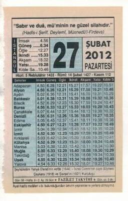 27 Şubat 2012 Takvim Yaprağı EFM(N)1868 - 3