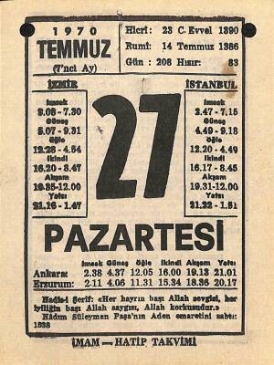 27 Temmuz 1970 Takvim Yaprağı - Doğum Günü Hediyesi EFM(N)12504 - 1