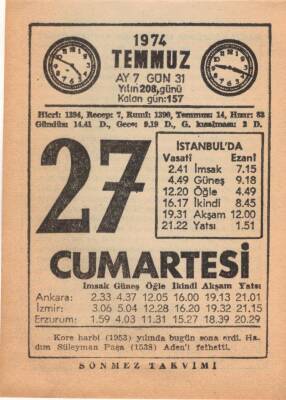 27 Temmuz 1974 Takvim Yaprağı EFM(N)2151 - 2