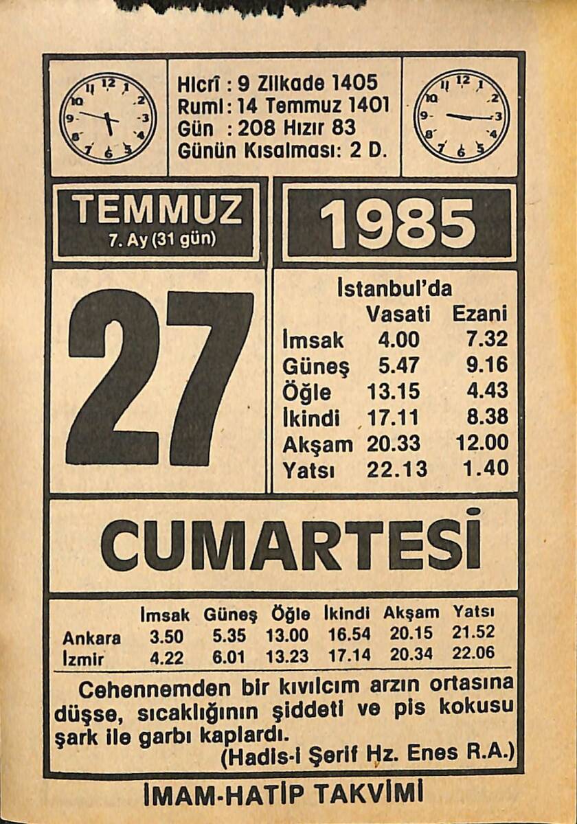 27 Temmuz 1985 Takvim Yaprağı - Doğum Günü Hediyesi EFMN15717 - 1