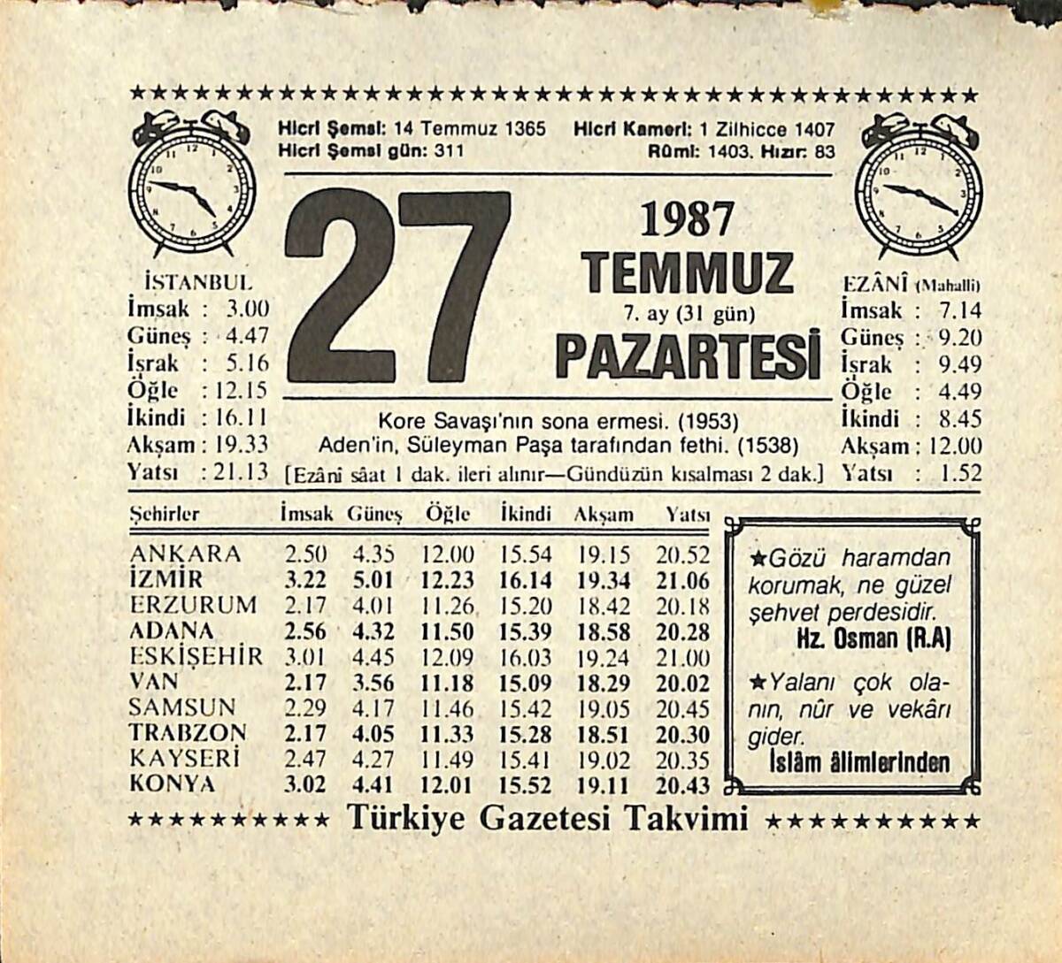 27 Temmuz 1987 Takvim Yaprağı - Doğum Günü Hediyesi EFMN13839 - 1