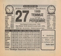 27 Temmuz 1989 Takvim Yaprağı EFM(N)2157 - 3