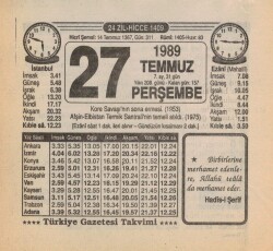 27 Temmuz 1989 Takvim Yaprağı EFM(N)2157 - 1