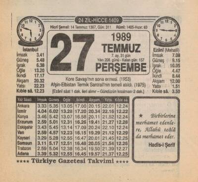 27 Temmuz 1989 Takvim Yaprağı EFM(N)2157 - 1