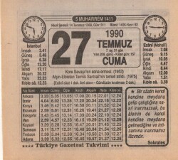 27 Temmuz 1990 Takvim Yaprağı EFM(N)2158 - 2