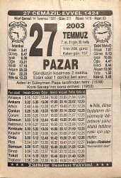 27 Temmuz 2003 Takvim Yaprağı - Doğum Günü Hediyesi EFMN15524 - Gökçekoleksiyon