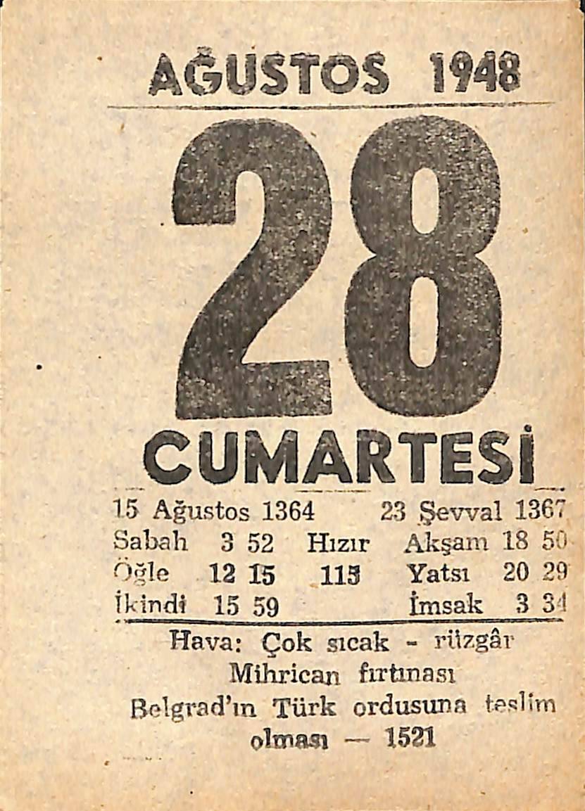 28 Ağustos 1948 Takvim Yaprağı - Doğum Günü Hediyesi EFMN14410 - 1