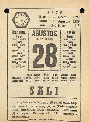 28 Ağustos 1973 Takvim Yaprağı - Doğum Günü Hediyesi EFM(N)10128 - 1