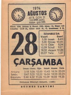 28 Ağustos 1974 Takvim Yaprağı EFM(N)2533 - 1