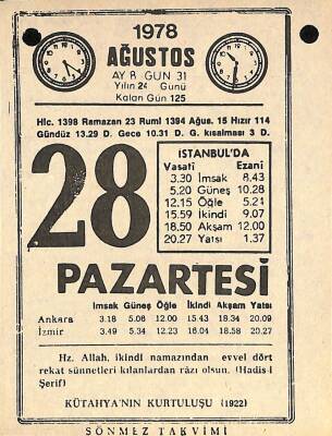 28 Ağustos 1978 Takvim Yaprağı - Doğum Günü Hediyesi EFM(N)9746 - 2
