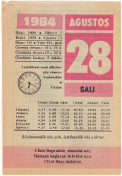 28 Ağustos 1984 Takvim Yaprağı EFM(N)2535 - 1