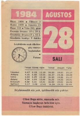28 Ağustos 1984 Takvim Yaprağı EFM(N)2535 - 1
