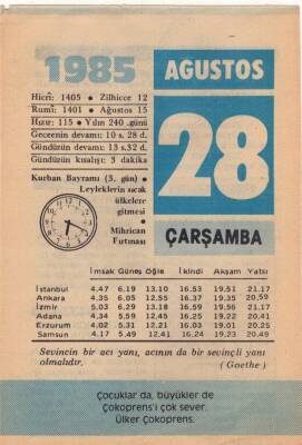 28 Ağustos 1985 Takvim Yaprağı EFM(N)2536 - 2