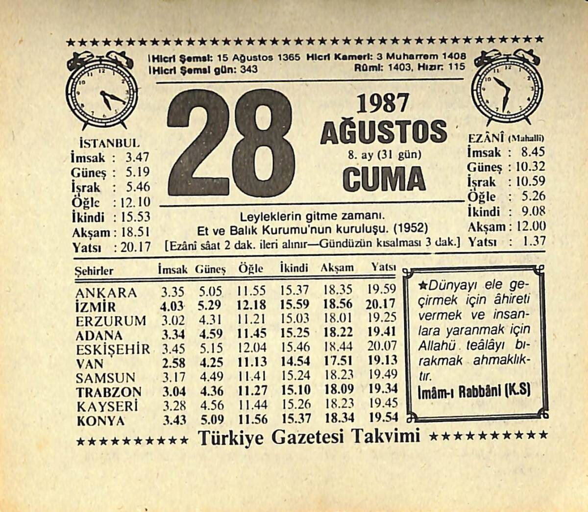 28 Ağustos 1987 Takvim Yaprağı - Doğum Günü Hediyesi EFMN13871 - 1