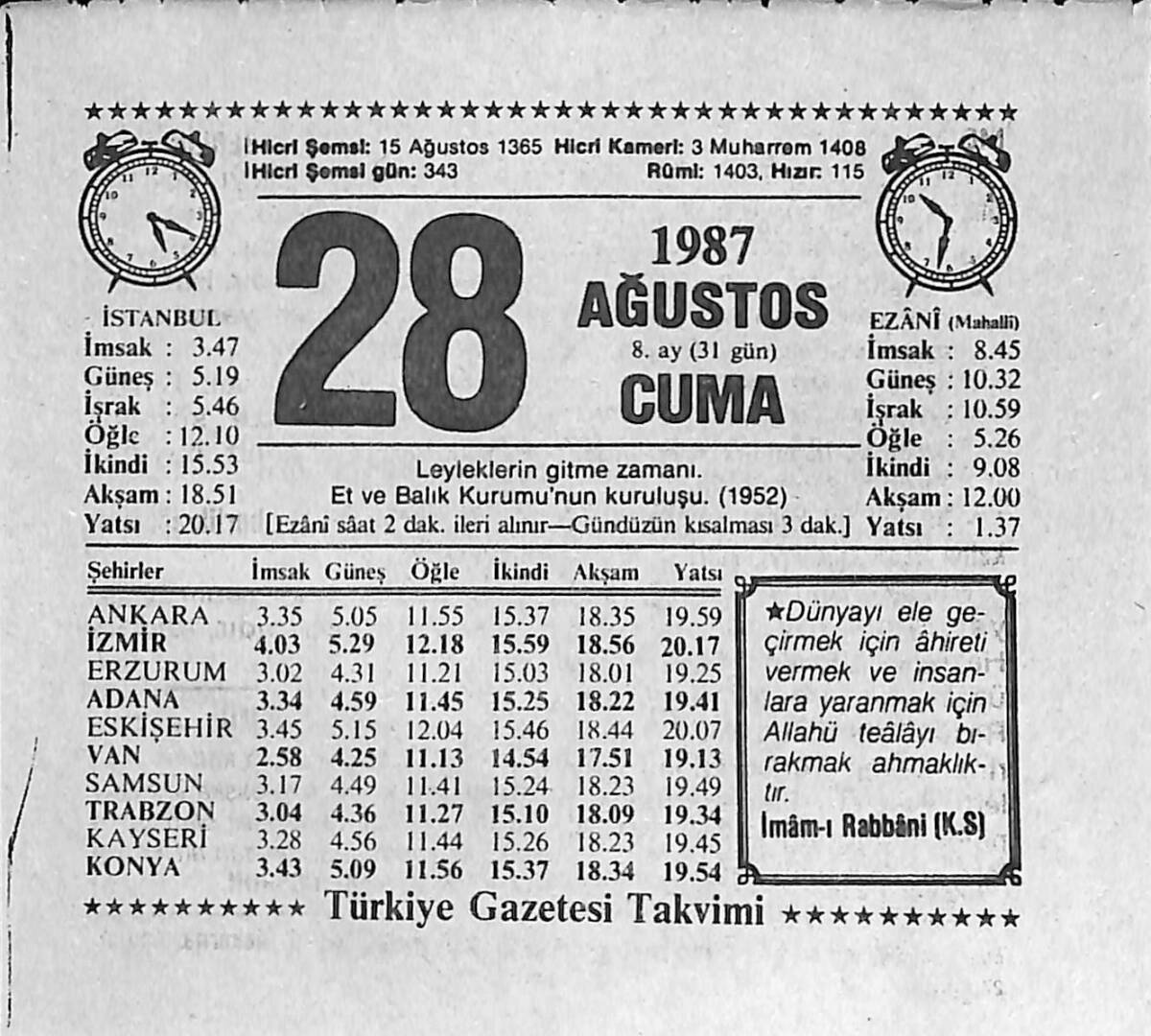 28 Ağustos 1987 Takvim Yaprağı - Doğum Günü Hediyesi EFMN13932 - 1