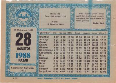 28 Ağustos 1988 Takvim Yaprağı EFM(N)2538 - 2