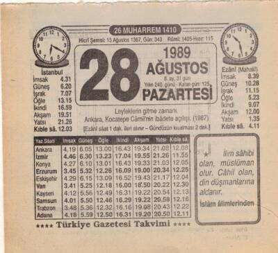 28 Ağustos 1989 Takvim Yaprağı EFM(N)2539 - 1